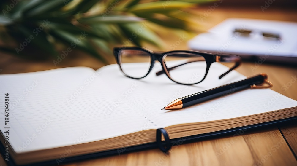 Fototapeta premium A workspace with a notebook and glasses, ideal for writing and planning creative ideas
