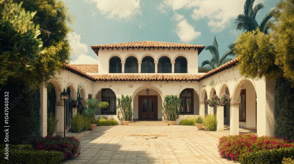 Obraz premium A Mediterranean-style villa featuring stucco walls, a tiled roof, and a spacious courtyard.