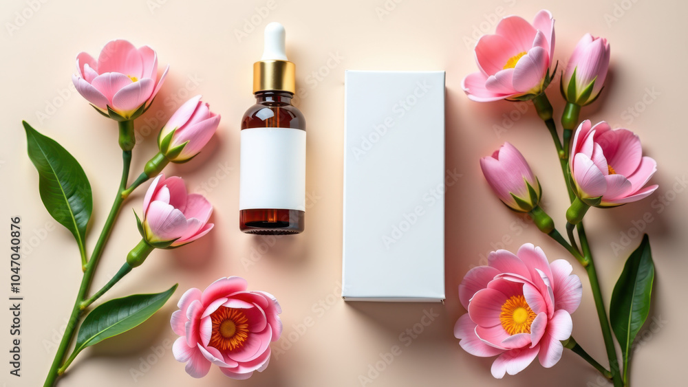 A collection of beauty products with flowers. A collection of beauty products with flowers.