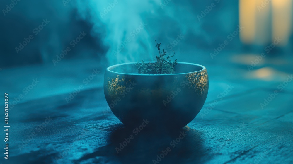 Duotone Wellness Ritual: Steam Rising from a Ceramic Cup with Herbs in ...