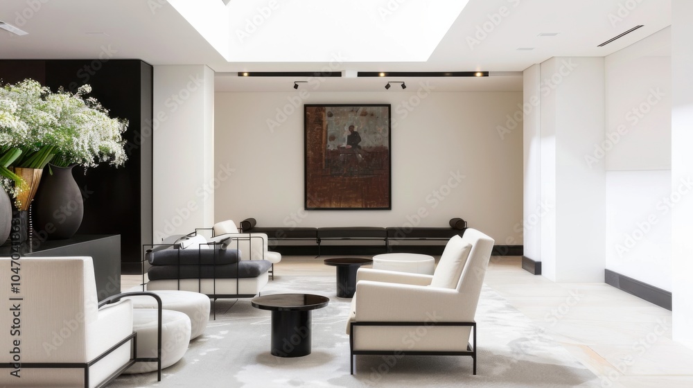 A minimalist and stylish lounge space featuring a white canvas backdrop, Sparse yet carefully chosen furniture, Contemporary chic style A minimalist and stylish lounge space featuring a white canvas backdrop, Sparse yet carefully chosen furniture, Contemporary chic style