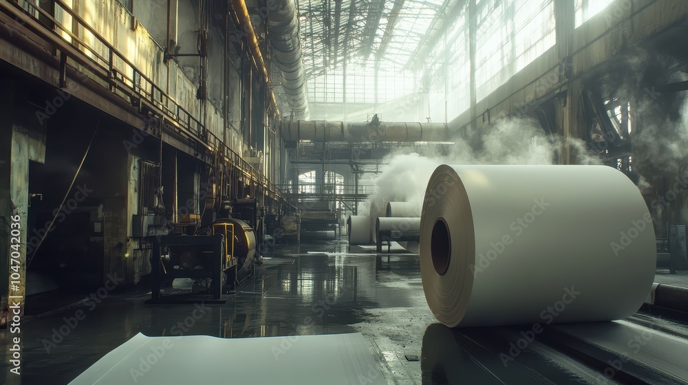A paper mill with huge rolls of paper being processed. A paper mill with huge rolls of paper being processed.