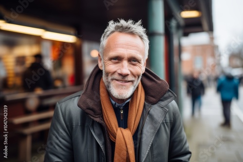 Portrait of a handsome senior man in a leather jacket and scarf outdoors.