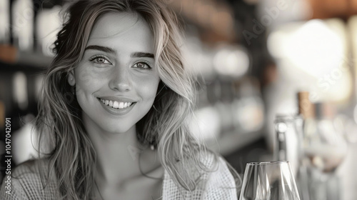 Monochrome young woman smile hand hold glass wine drawn bottle drink celebrate holiday.