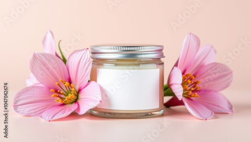 A clear glass jar with a cream or lotion inside, topped with a silver lid, surrounded by pink flower petals.