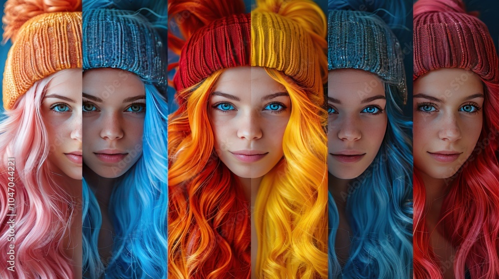 Obraz premium Funny girls emotions salon haircare coloring wig therapy stylist design isolated on painted background.