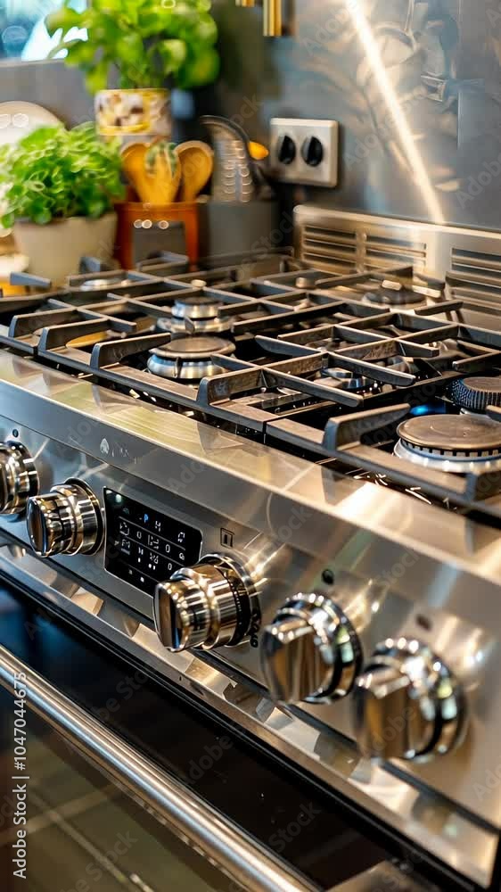 High end stainless steel gas stove in a modern kitchen, perfect for professional cooking High end stainless steel gas stove in a modern kitchen, perfect for professional cooking