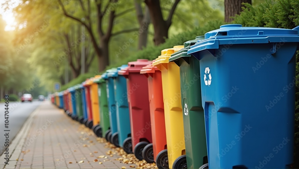 Different colored waste bins standing outside filled with garbage in a urban street - ai generated Different colored waste bins standing outside filled with garbage in a urban street - ai generated