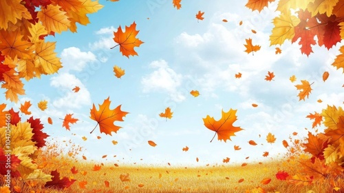 Golden autumn leaves float through the air, creating a vibrant seasonal scene under a sunny sky in a peaceful park