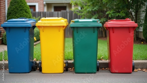 Different colored waste bins standing outside filled with garbage in a urban street - ai generated