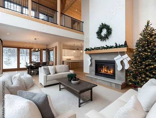 Modern living room with fireplace Christmas stocking and festive decorations photo