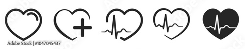 Heart icons in linear design for medicine, healthcare, love passion, and romantic concepts. Heartbeat flat icon for medical apps and sites. Cardiogram heart logo in linear style. Vector illustration