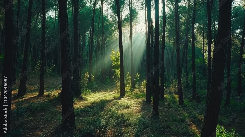 Fototapeta premium A pristine forest with tall, dense trees and sunlight streaming through the branches, casting soft shadows.