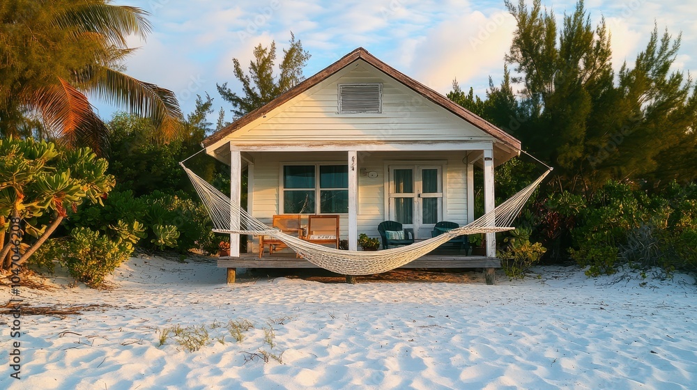 A quaint, beachside bungalow with a hammock on the porch, surrounded by white sand. A quaint, beachside bungalow with a hammock on the porch, surrounded by white sand.