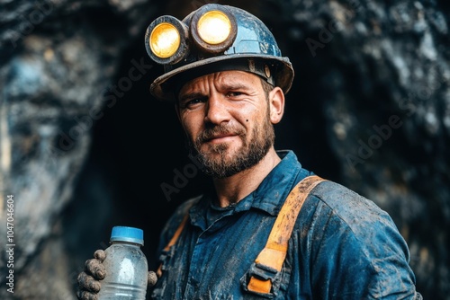 Tired miner taking a break with water bottle