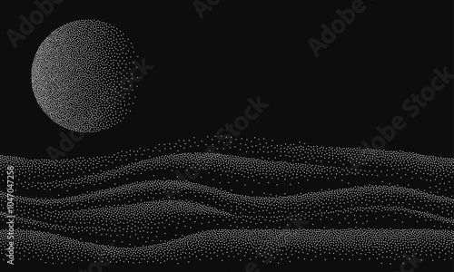 Stippled grain background mountain and moon spot texture. Vector illustration landscape for print, interior decor, wall art, canvas print.