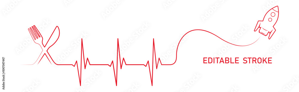 Editable lines heart rhythm illustration with fork, knife, rocket spaceship. Heartbeat line art vector design to use for healthcare, weight loss, healthy lifestyle, healthy food, dieting projects. Editable lines heart rhythm illustration with fork, knife, rocket spaceship. Heartbeat line art vector design to use for healthcare, weight loss, healthy lifestyle, healthy food, dieting projects.