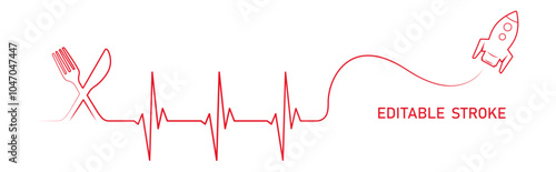 Editable lines heart rhythm illustration with fork, knife, rocket spaceship. Heartbeat line art vector design to use for healthcare, weight loss, healthy lifestyle, healthy food, dieting projects. 