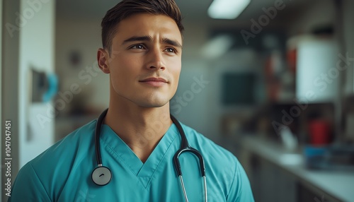 Candid image of a male doctor in scrubs, stethoscope draped around his neck, pondering a medical case in a wellequipped hospital photo