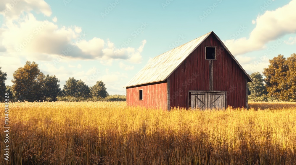A rustic barn in a golden field, with worn red paint and wooden beams showing age. A rustic barn in a golden field, with worn red paint and wooden beams showing age.