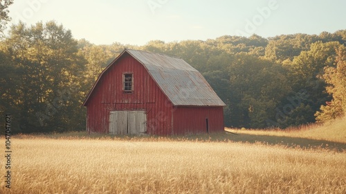 A rustic barn in a golden field, with worn red paint and wooden beams showing age.