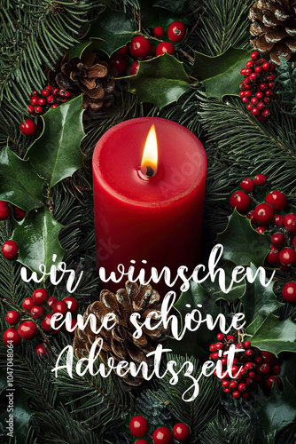 Photography of first Advent arrangement with one candle and holly leaves. The picture is supplemented with a handwritten lettering in German. The text says SCHÖNEN ERSTEN ADVENT