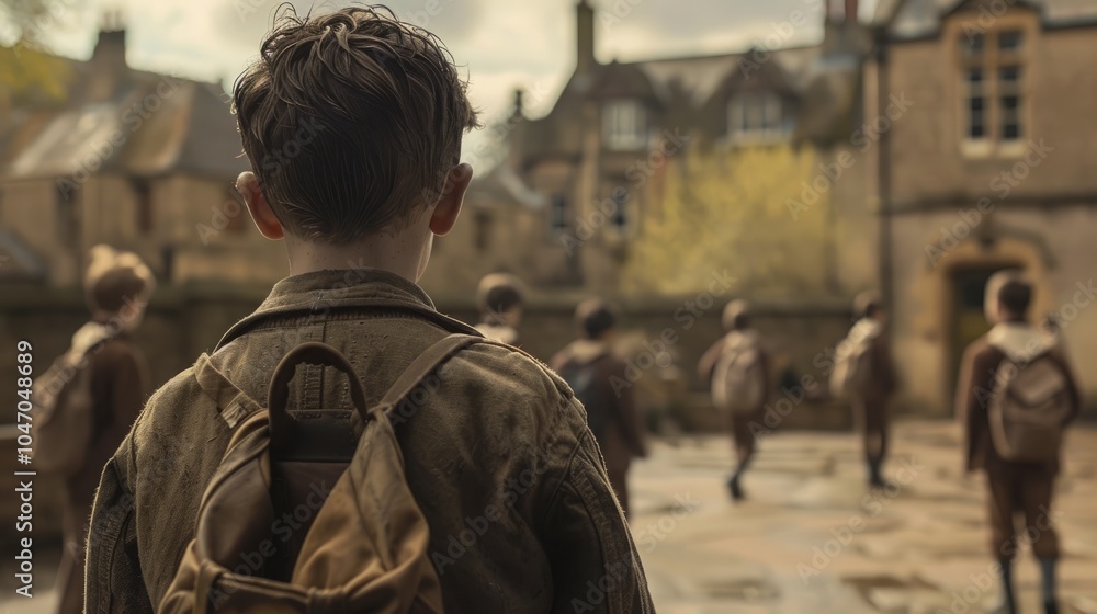 A young boy in a brown jacket with a backpack walks away from the camera in front of a stone building, with other children in the background. A young boy in a brown jacket with a backpack walks away from the camera in front of a stone building, with other children in the background.
