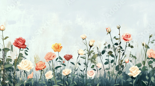 A garden filled with blooming old garden roses in different growth stages, illustration art photo