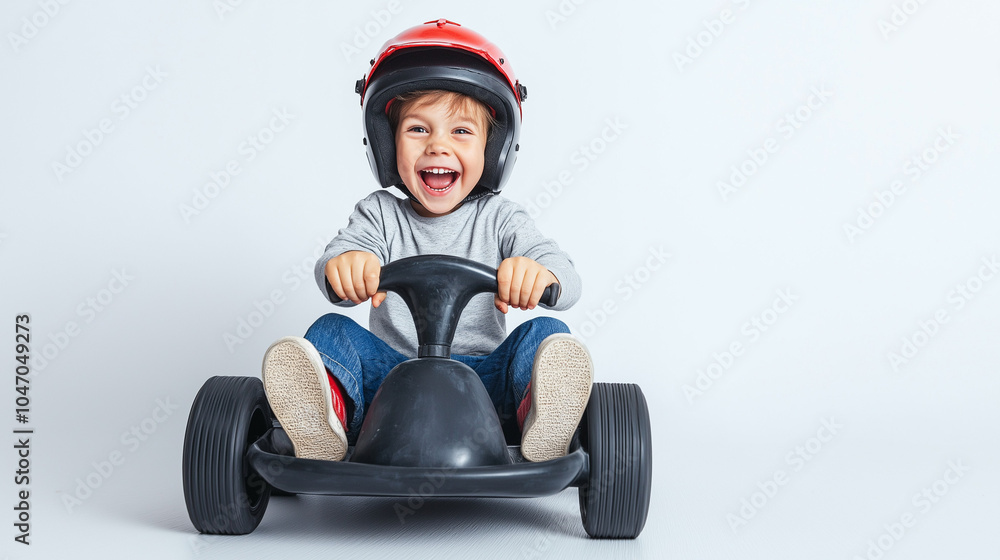 A child joyfully riding a go-kart at full speed, with a big smile, isolated on a simple background A child joyfully riding a go-kart at full speed, with a big smile, isolated on a simple background
