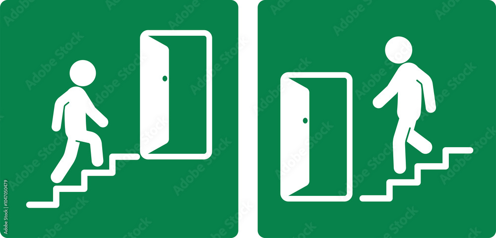 Bundle sign label sticker direction up and down stairs with arrow, isolated emergency exit building safety label Bundle sign label sticker direction up and down stairs with arrow, isolated emergency exit building safety label