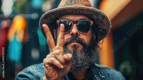 A vibrant, modern photograph featuring a bearded man in sunglasses and a hat, making a peace sign, symbolizing friendliness and cool cultural vibes. photo