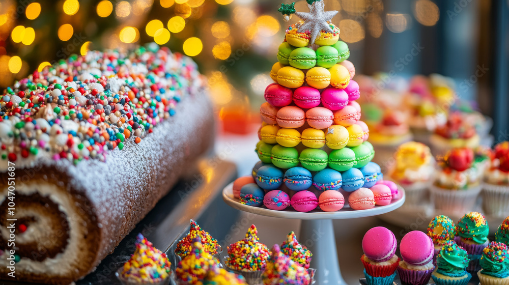 Colorful yule log, rainbow cupcakes and macarons in the shape of Christmas tree Colorful yule log, rainbow cupcakes and macarons in the shape of Christmas tree