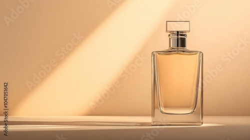 An elegant translucent bottle in a tone-on-tone setting, blending effortlessly with a background of matching shades and soft light refractions