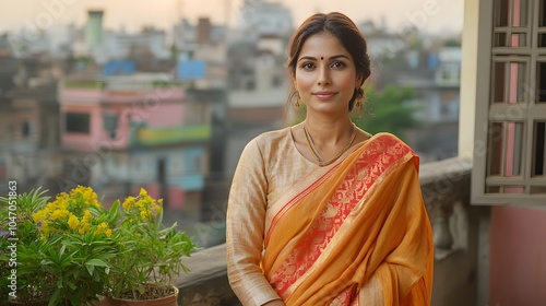 A woman in a traditional sari standing on a terrace, her face showing peace and contentment, full-body shot, 4K resolution