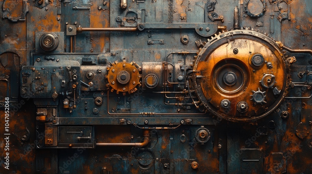Detailed close-up of an industrial machinery surface with gears and pipes, showcasing rust and patina. Detailed close-up of an industrial machinery surface with gears and pipes, showcasing rust and patina.