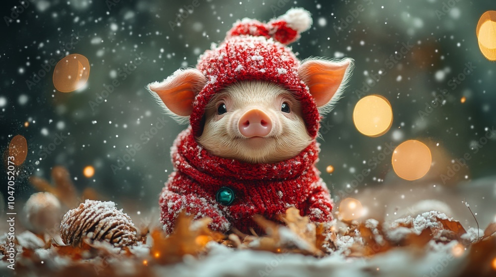 Cute cozy piggy enjoys snowy winter Christmas banner. Cute happy pig portrait. Seasonal banner design with place for text. Cute cozy piggy enjoys snowy winter Christmas banner. Cute happy pig portrait. Seasonal banner design with place for text.