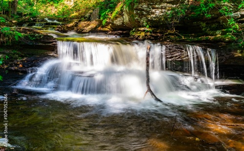 Serene waterfall in lush forest