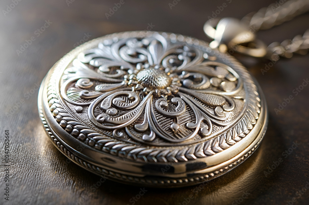 Obraz premium A beautifully detailed silver pocket watch with intricate engravings and a classic design, resting on a textured surface.