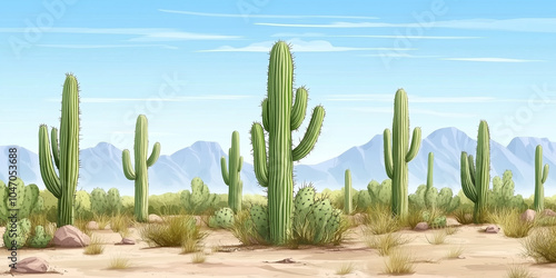 Cactus plants with spines in a desert landscape, illustration art photo