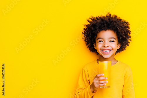 A joy-filled child holds a glass of fresh orange juice, smiling with delight, as sunlight filters through greenery, capturing the essence of pure childhood happiness