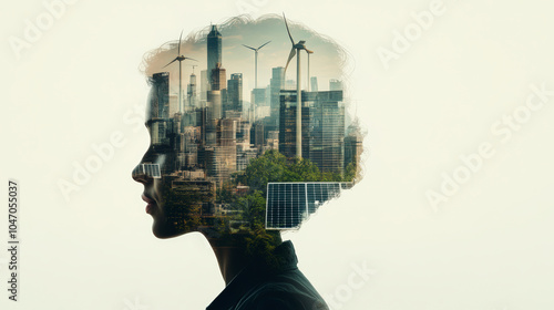 A silhouette of a person contains a cityscape with wind turbines and solar panels, symbolizing sustainable energy and urban development.