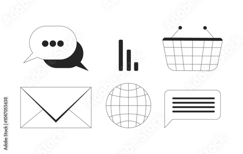 Digital communication social network black and white 2D line objects set. Online media analysis. Messaging email isolated clip arts vector outline items collection. Monochrome spot illustrations
