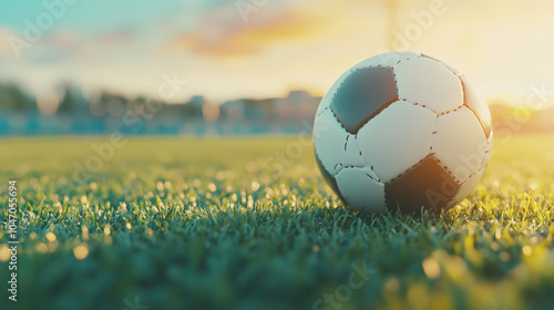 A soccer ball rests on a lush green field, basking in the warm glow of the setting sun, ready for an exciting game. photo