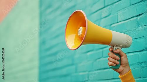 A hand holds a colorful megaphone against a teal brick wall, ready to amplify announcements or rally enthusiasm with a bold and vibrant statement.