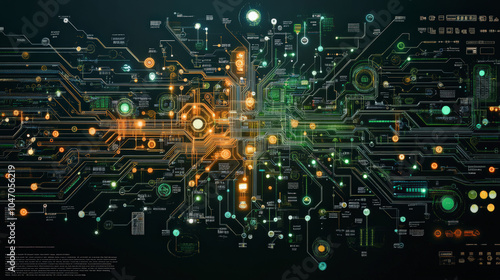 A complex digital circuit board illustration with interconnected pathways and glowing nodes, depicting a futuristic and intricate technological network system.