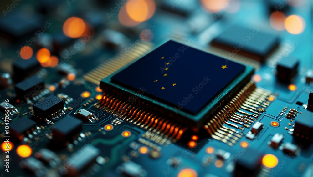 A Alaska themed chip is embedded on a circuit board with illuminated pathways, highlighting innovation in electronics and cutting-edge hardware.