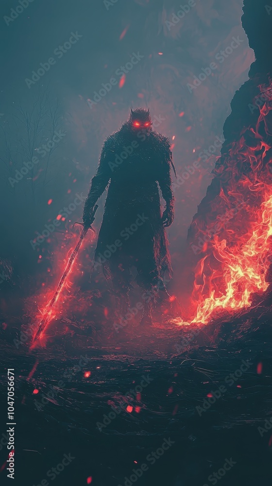 Demonic Warrior with Glowing Eyes in Fiery Environment Demonic Warrior with Glowing Eyes in Fiery Environment