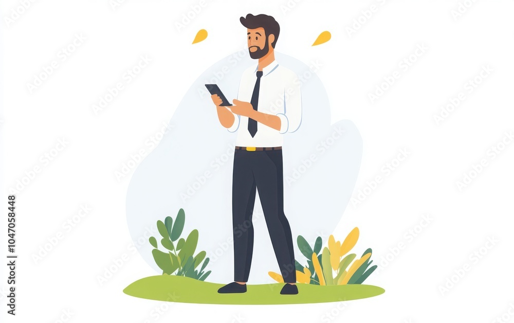 Design an emoji featuring a successful businessman standing outdoors, using his cellphone for business chats and trade work, with a white background to highlight simplicity and focus Design an emoji featuring a successful businessman standing outdoors, using his cellphone for business chats and trade work, with a white background to highlight simplicity and focus