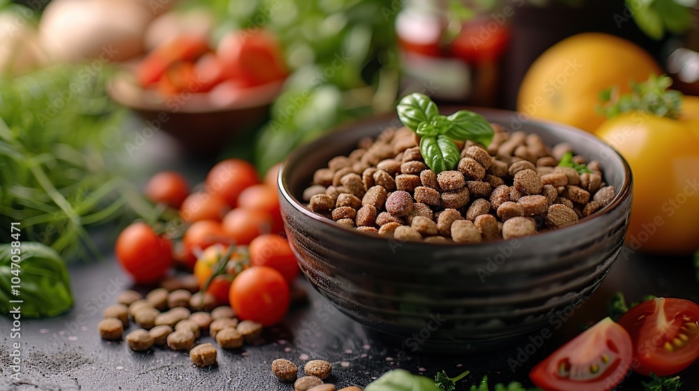 Close-up of a bowl of dry dog food with fresh vegetables and herbs on a dark surface. Close-up of a bowl of dry dog food with fresh vegetables and herbs on a dark surface.