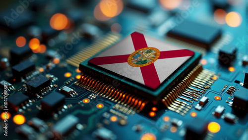 A Florida themed chip is embedded on a circuit board with illuminated pathways, highlighting innovation in electronics and cutting-edge hardware.